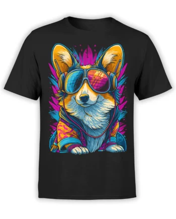 Front view of black unisex t-shirt with neon DJ corgi wearing sunglasses and headphones in bright pink, blue, and yellow colors