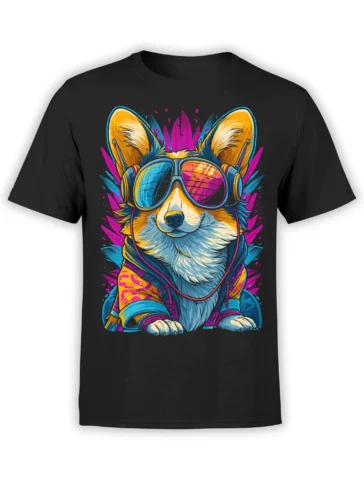 Front view of black unisex t-shirt with neon DJ corgi wearing sunglasses and headphones in bright pink, blue, and yellow colors