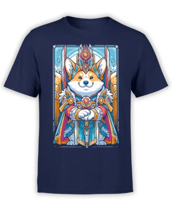 Front view of navy unisex t-shirt with a colorful armored corgi knight illustration holding a sword in a sci-fi fantasy style