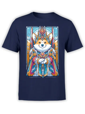 Front view of navy unisex t-shirt with a colorful armored corgi knight illustration holding a sword in a sci-fi fantasy style