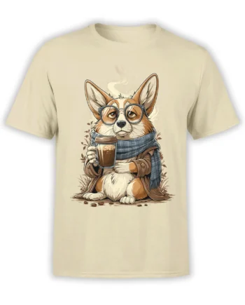 full front view of beige t-shirt with hipster corgi in glasses and scarf holding a steaming coffee cup