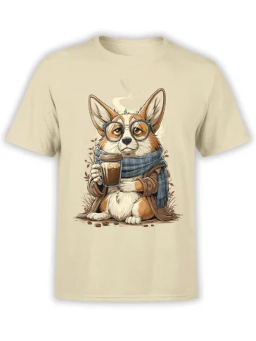 full front view of beige t-shirt with hipster corgi in glasses and scarf holding a steaming coffee cup