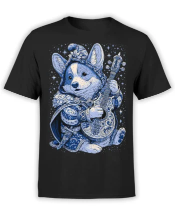 front view of black unisex t-shirt with detailed blue and white fantasy corgi bard playing an ornate guitar under stars