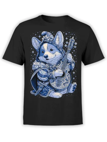 front view of black unisex t-shirt with detailed blue and white fantasy corgi bard playing an ornate guitar under stars
