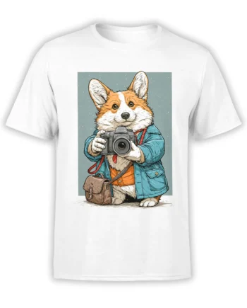 white unisex t-shirt with a playful corgi photographer illustration wearing a teal coat and holding a camera