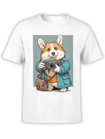 white unisex t-shirt with a playful corgi photographer illustration wearing a teal coat and holding a camera