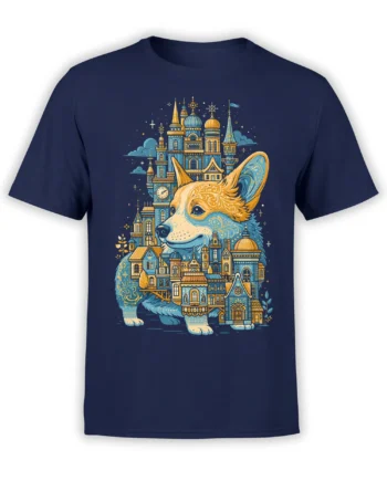 navy unisex t-shirt with a blue and gold corgi made of tiny castle towers and city buildings in a whimsical fairytale style