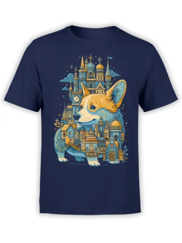 navy unisex t-shirt with a blue and gold corgi made of tiny castle towers and city buildings in a whimsical fairytale style
