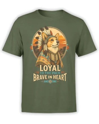 green unisex t-shirt with noble corgi in feather headdress, desert sunset background, and loyal to the pack brave in heart quote