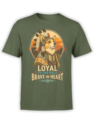 green unisex t-shirt with noble corgi in feather headdress, desert sunset background, and loyal to the pack brave in heart quote