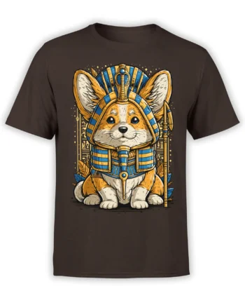 brown unisex t-shirt with a detailed pharaoh corgi illustration in blue and gold with hieroglyph accents