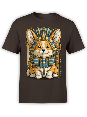 brown unisex t-shirt with a detailed pharaoh corgi illustration in blue and gold with hieroglyph accents