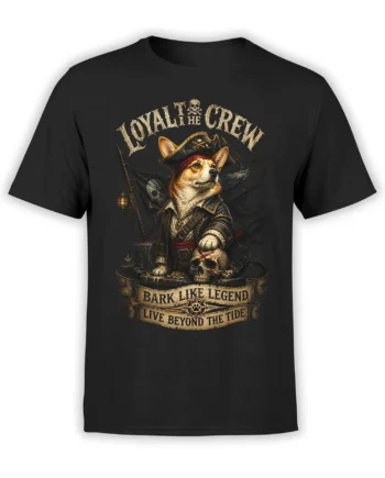 Black unisex t-shirt with detailed pirate corgi captain graphic, skull, ship and “Bark Like Legend – Live Beyond The Tide” quote
