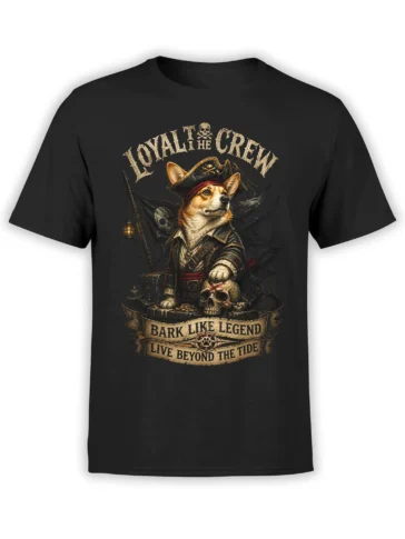 Black unisex t-shirt with detailed pirate corgi captain graphic, skull, ship and “Bark Like Legend – Live Beyond The Tide” quote