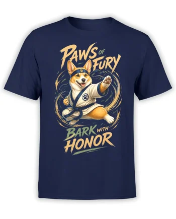 navy unisex T-shirt featuring a martial arts corgi in a white gi with Paws of Fury Bark With Honor text in bold lettering