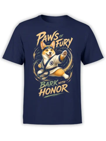navy unisex T-shirt featuring a martial arts corgi in a white gi with Paws of Fury Bark With Honor text in bold lettering