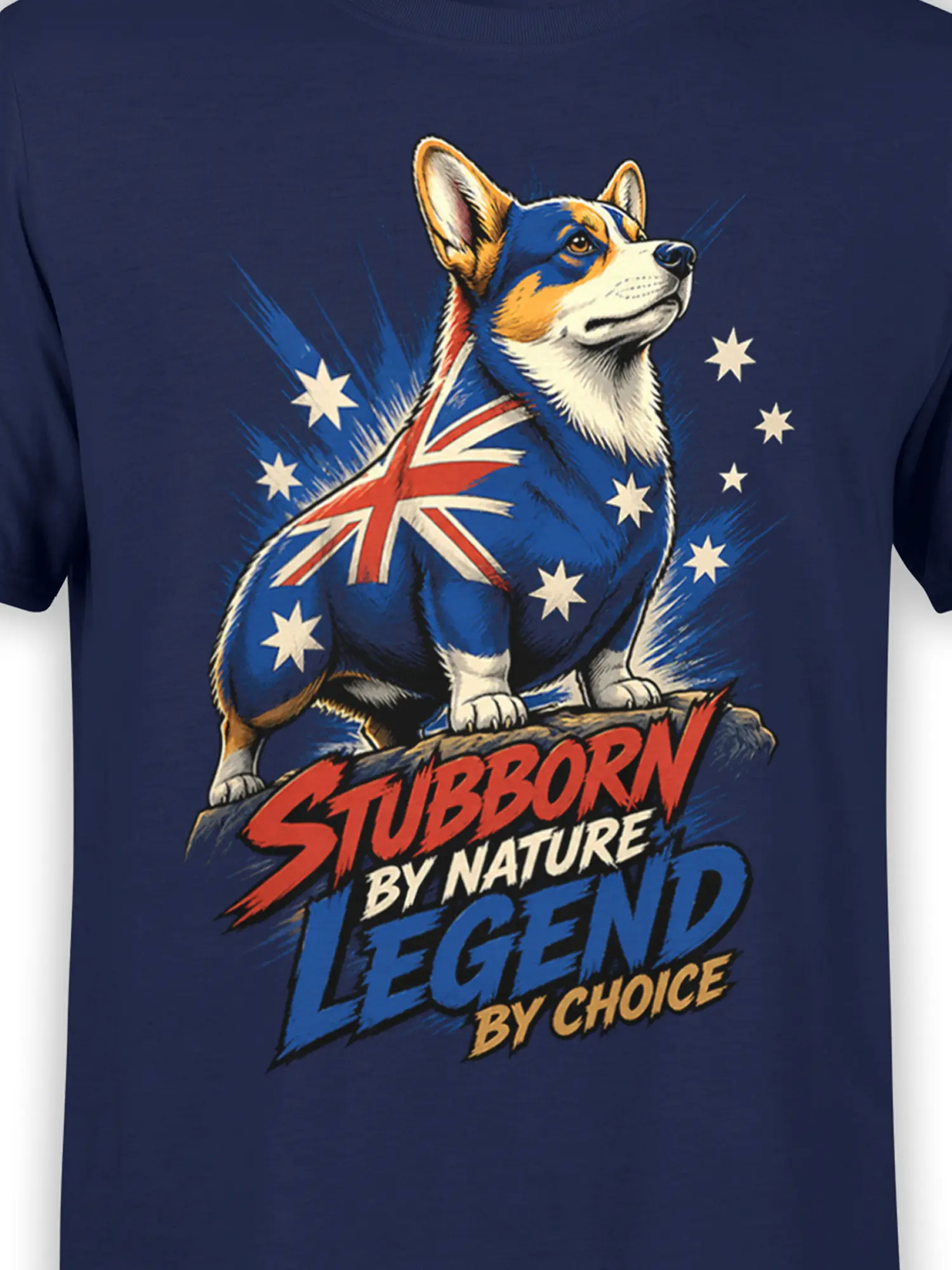 close-up of australian-flag corgi graphic and stubborn by nature legend by choice text on navy cotton fabric