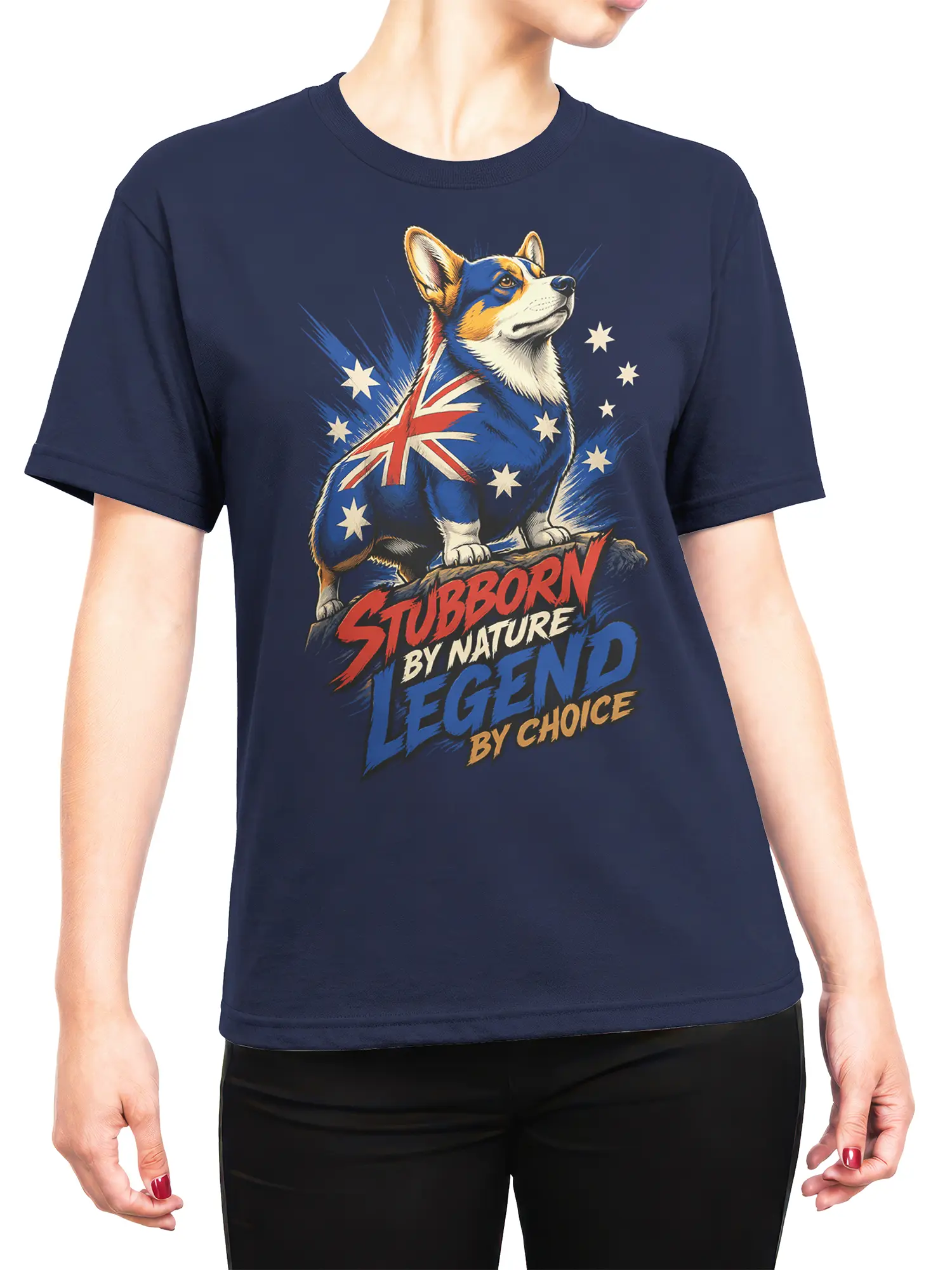 female model wearing navy corgi legend shirt with australian-flag dog graphic and stubborn by nature legend by choice text