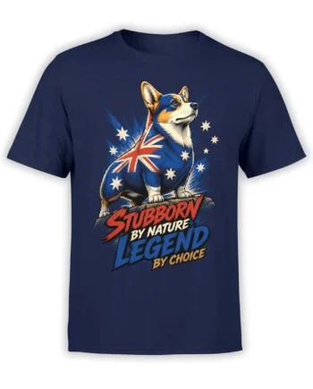 navy unisex t-shirt with heroic australian-flag corgi and stubborn by nature legend by choice slogan in bold comic style