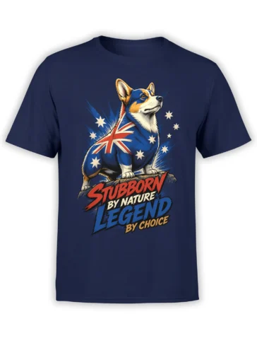navy unisex t-shirt with heroic australian-flag corgi and stubborn by nature legend by choice slogan in bold comic style
