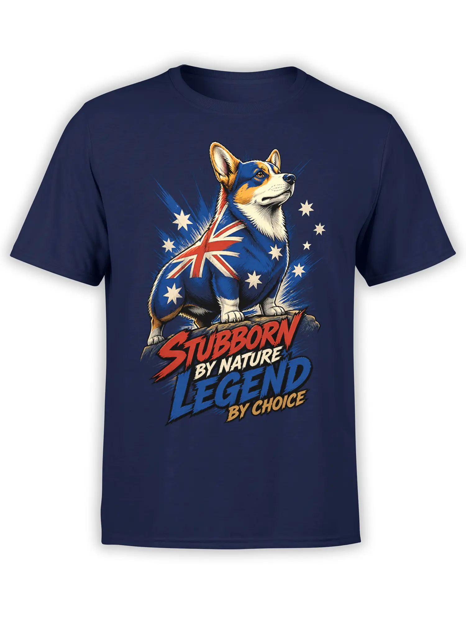 navy unisex t-shirt with heroic australian-flag corgi and stubborn by nature legend by choice slogan in bold comic style