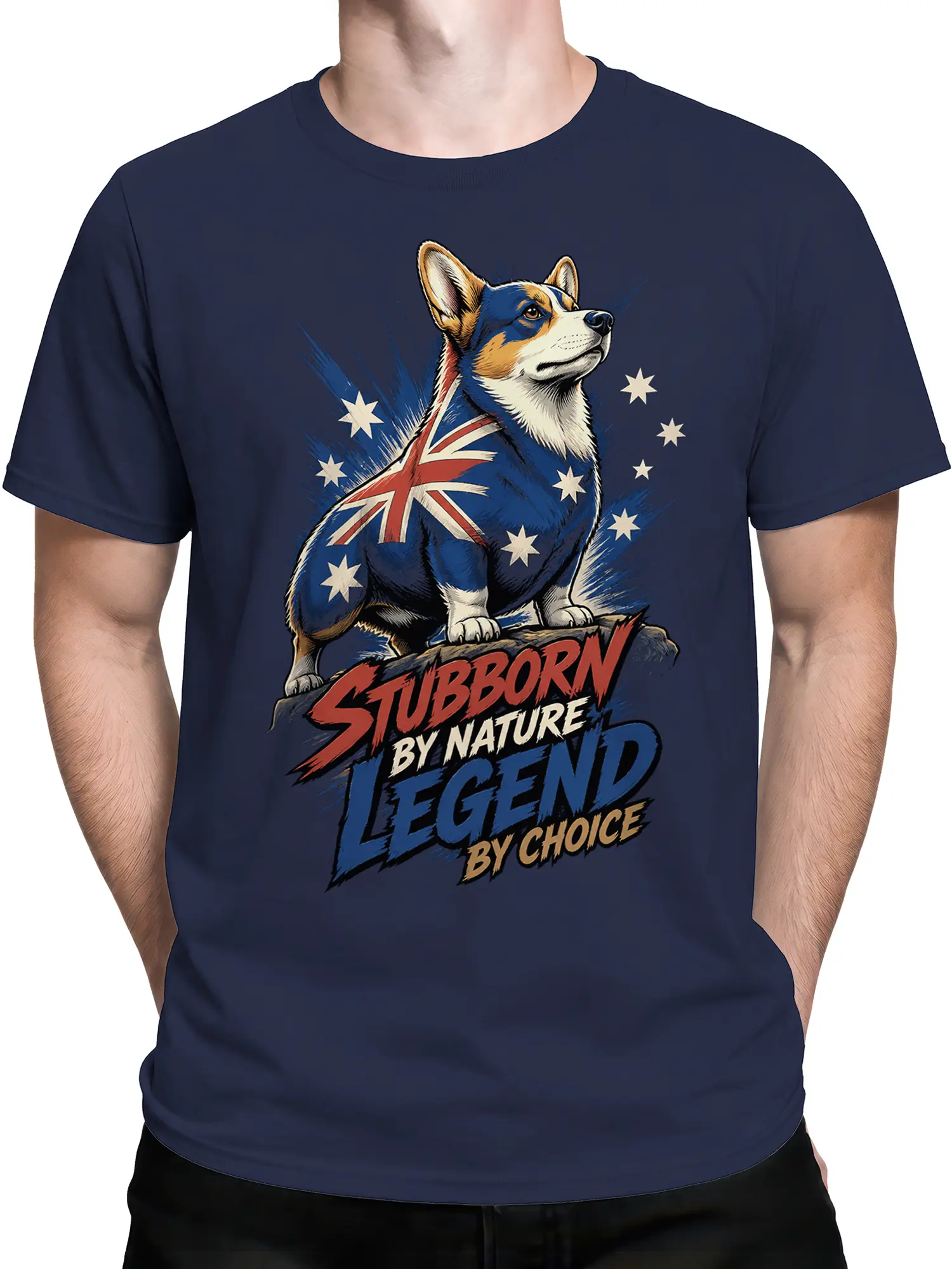 male model in navy aussie corgi legend tee with bold stubborn by nature legend by choice slogan