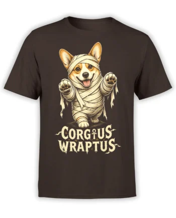 Brown unisex t-shirt with cute mummy corgi illustration and Corgius Wraptus text in vintage cream tones
