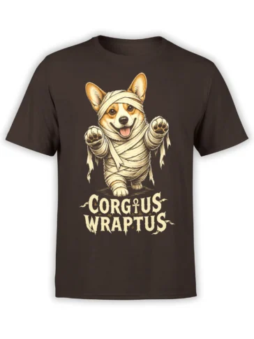 Brown unisex t-shirt with cute mummy corgi illustration and Corgius Wraptus text in vintage cream tones