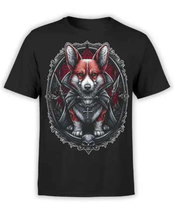 black t-shirt with detailed gothic vampire corgi artwork framed by skulls and red stained-glass style background