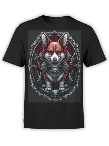 black t-shirt with detailed gothic vampire corgi artwork framed by skulls and red stained-glass style background