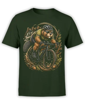 Black T-shirt with detailed beaver cyclist illustration racing a bike through a muddy forest trail with dam, leaves, and acorns