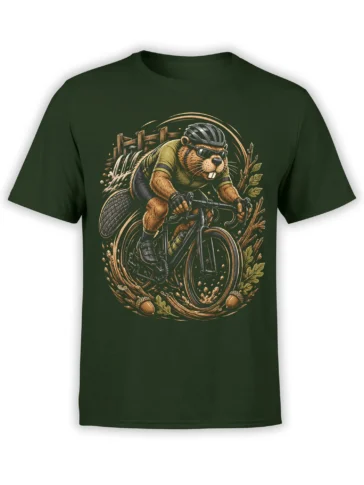 Black T-shirt with detailed beaver cyclist illustration racing a bike through a muddy forest trail with dam, leaves, and acorns