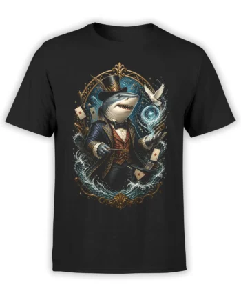 Black unisex t-shirt with detailed shark magician design, cards, dove, and swirling water magic framed in gold fantasy artwork