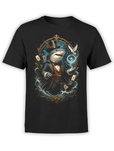 Black unisex t-shirt with detailed shark magician design, cards, dove, and swirling water magic framed in gold fantasy artwork