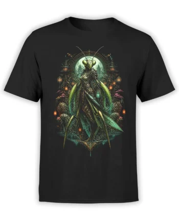 Black unisex t-shirt with a detailed fantasy praying mantis warrior standing before a moonlit temple forest with glowing lanterns
