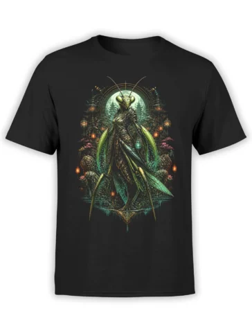 Black unisex t-shirt with a detailed fantasy praying mantis warrior standing before a moonlit temple forest with glowing lanterns