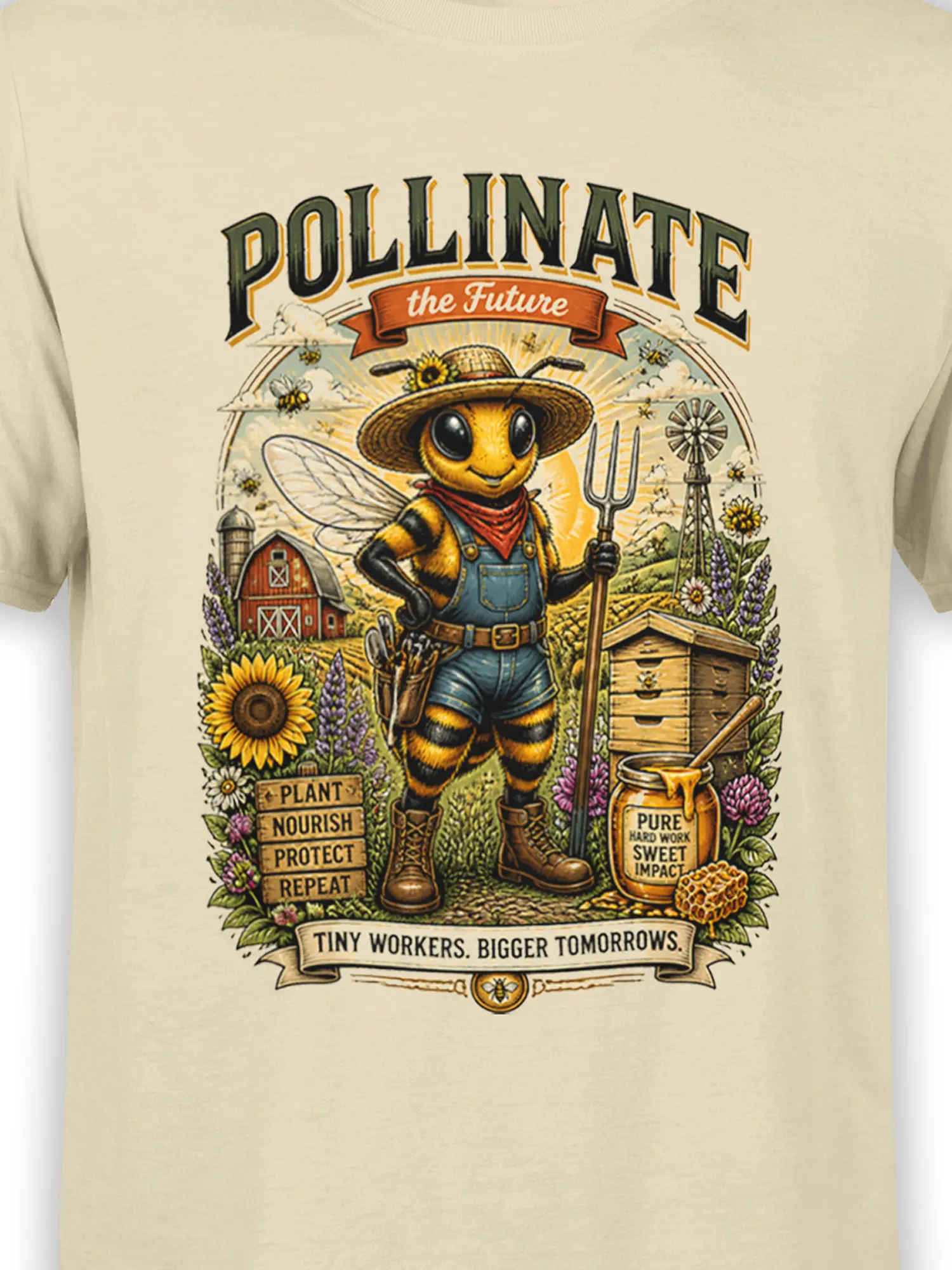 Close-up of the farmer bee graphic with flowers, hive, barn and pollinate the future text on a beige nature-themed shirt