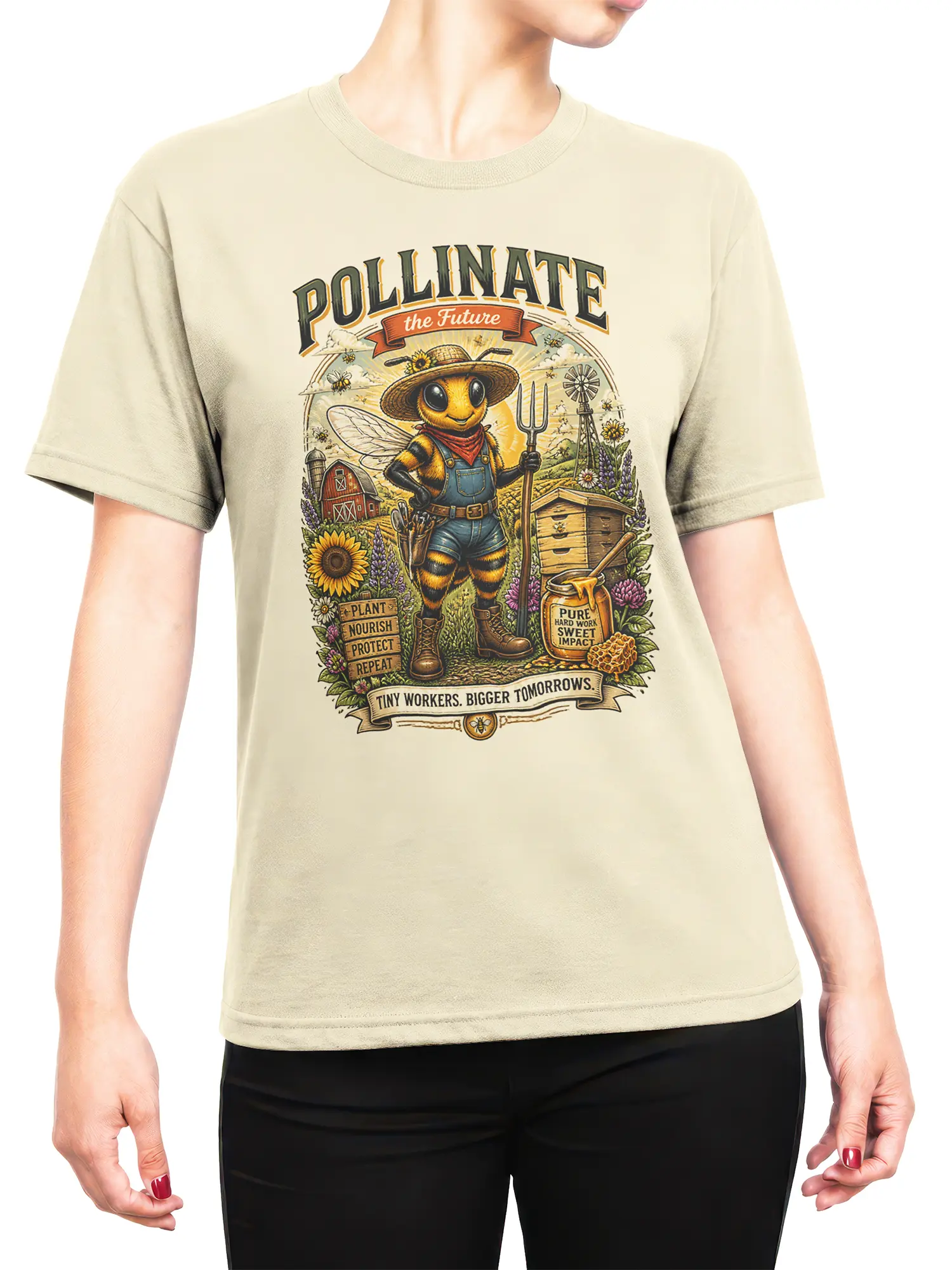 Woman wearing beige pollinate the future farmer bee T-shirt with colorful flowers and hive graphic