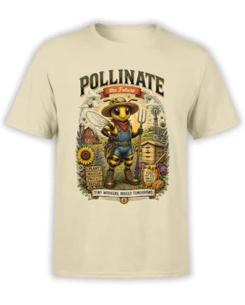Beige unisex T-shirt with colorful vintage farmer bee design, flowers, hive and pollinate the future slogan in a detailed nature illustration