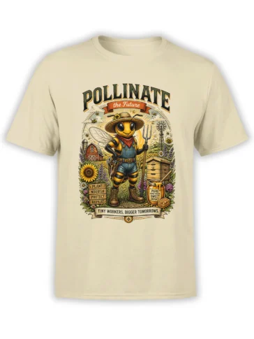 Beige unisex T-shirt with colorful vintage farmer bee design, flowers, hive and pollinate the future slogan in a detailed nature illustration