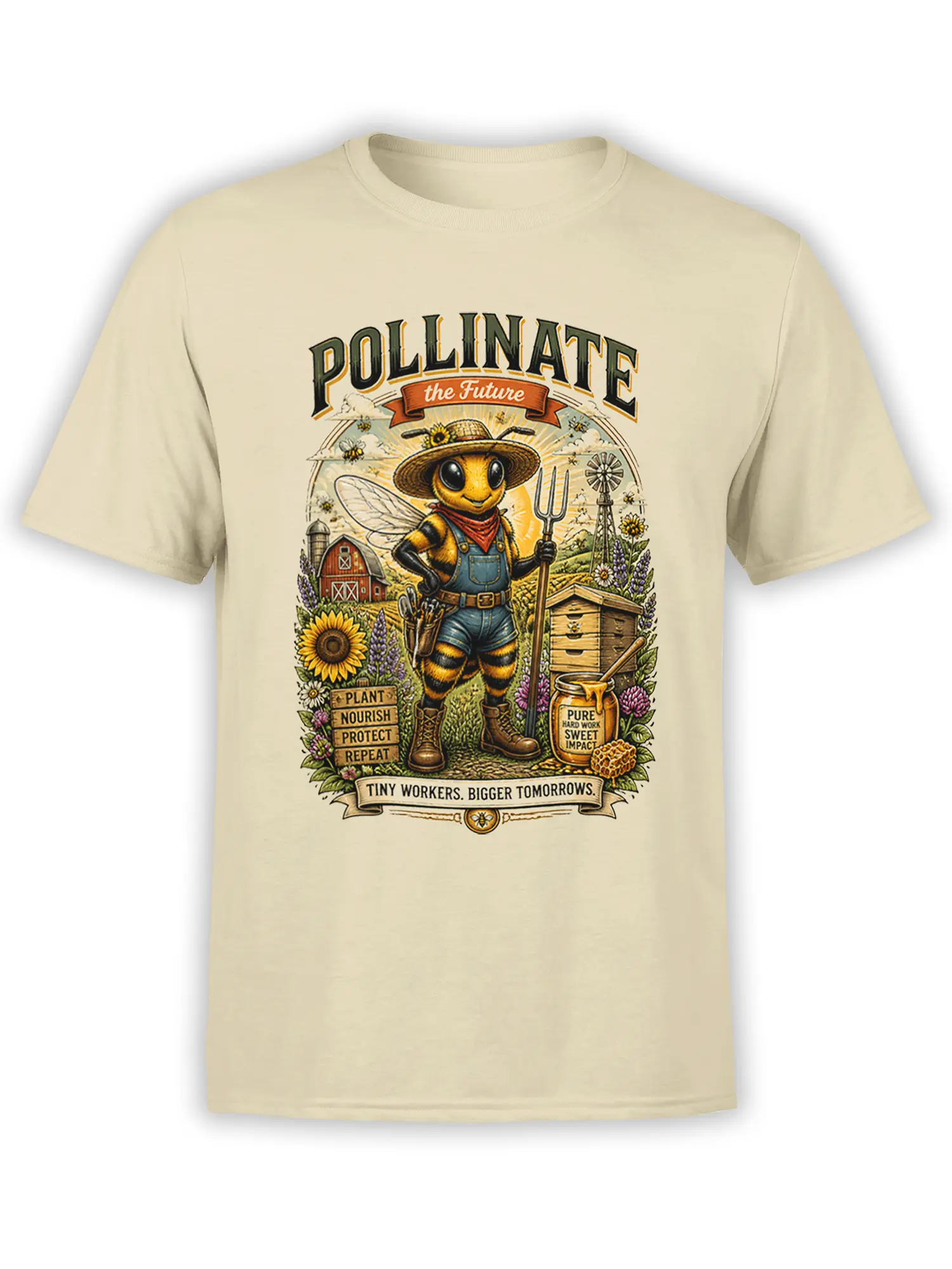 Beige unisex T-shirt with colorful vintage farmer bee design, flowers, hive and pollinate the future slogan in a detailed nature illustration