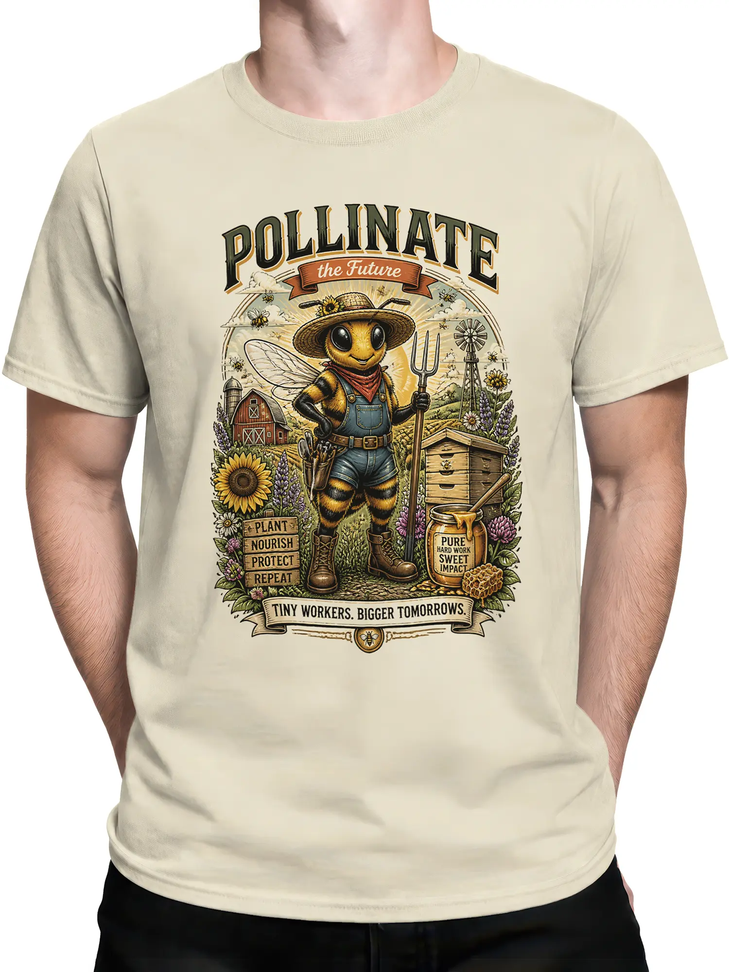 Man wearing beige farmer bee pollinator T-shirt with vintage garden and hive illustration