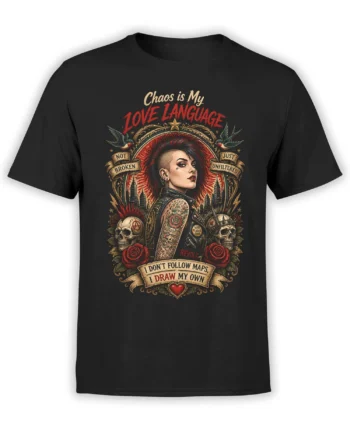 black unisex t-shirt with punk woman, chaos quote, roses and skulls in tattoo-style art across the front