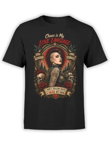 black unisex t-shirt with punk woman, chaos quote, roses and skulls in tattoo-style art across the front
