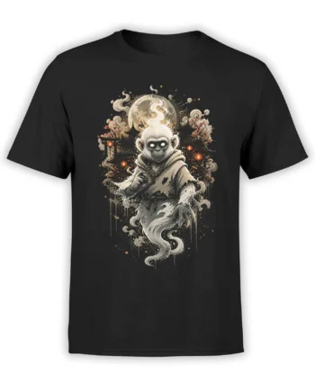 Black unisex t-shirt with a ghostly white monkey monk spirit and moonlit temple artwork, glowing lanterns and smoke details across the chest