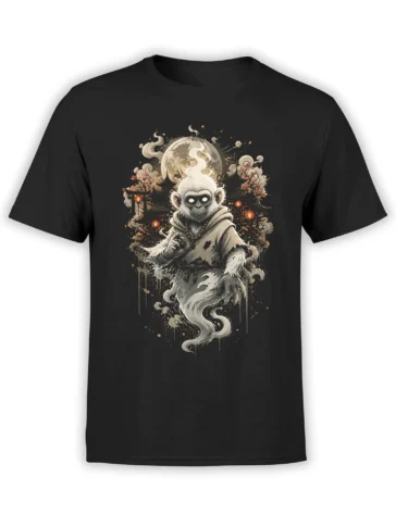 Black unisex t-shirt with a ghostly white monkey monk spirit and moonlit temple artwork, glowing lanterns and smoke details across the chest