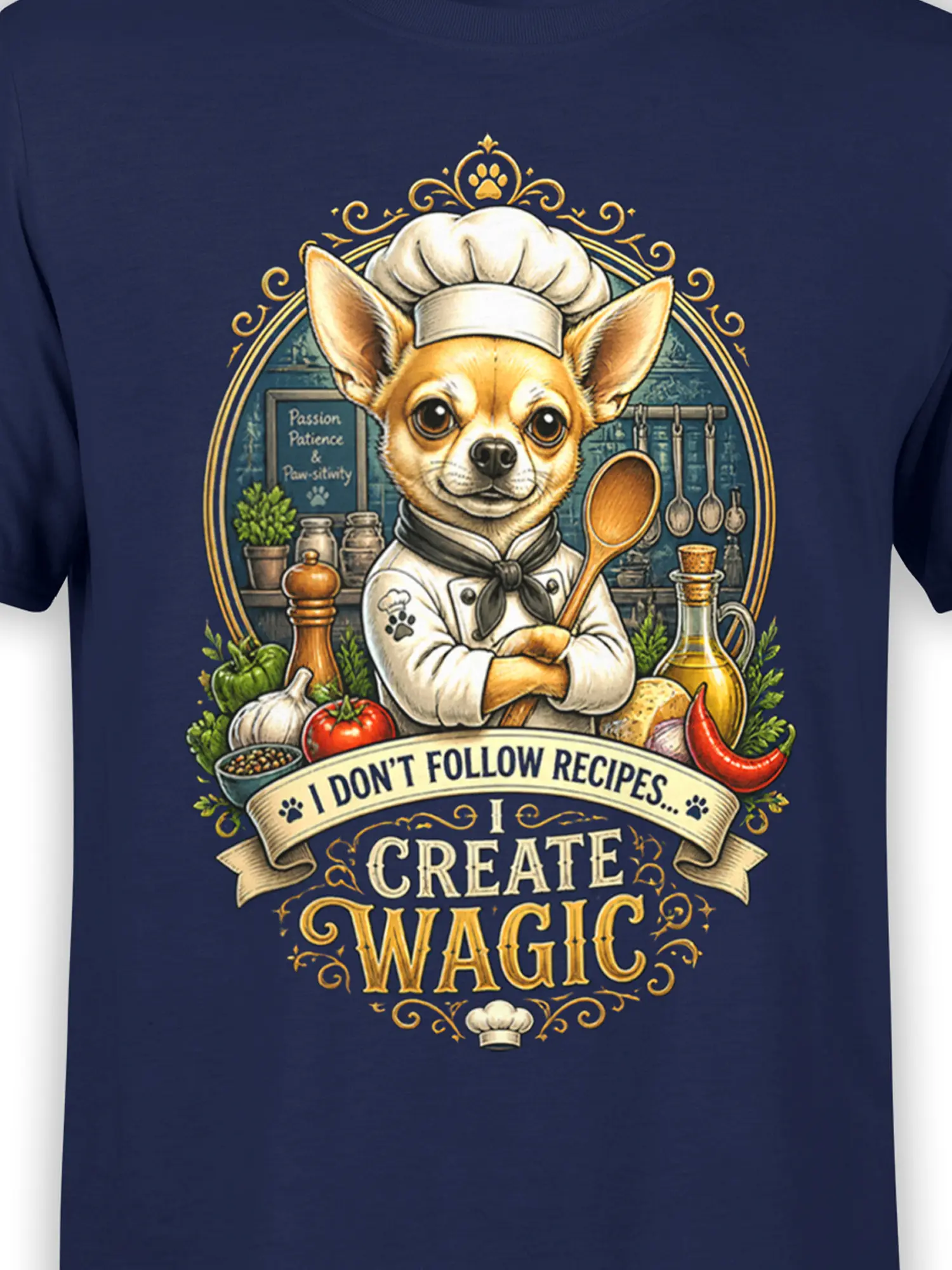 Close-up of the chihuahua chef design with ornate gold frame, kitchen details, and “I create wagic” quote on a navy cotton t-shirt
