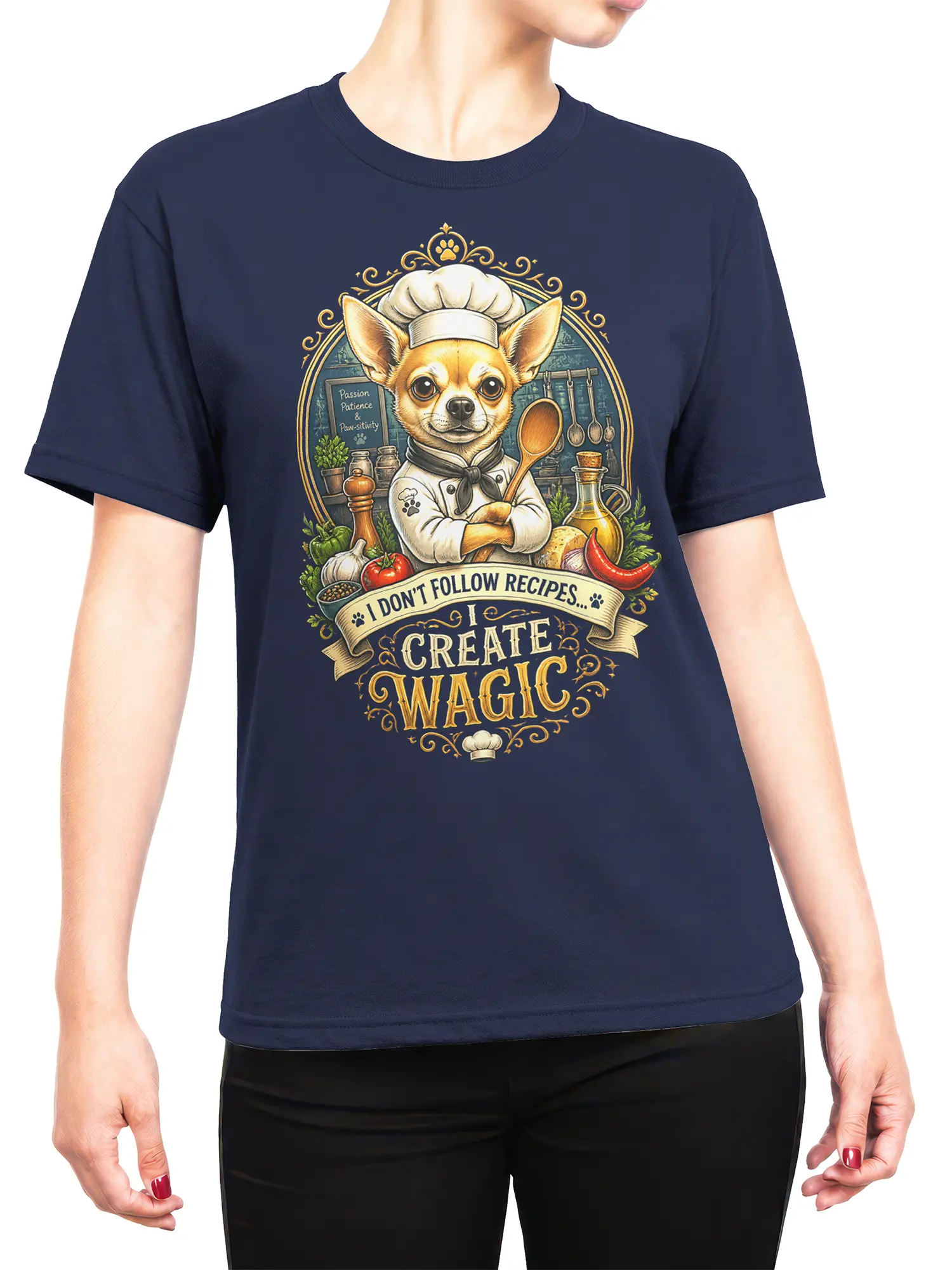 Woman wearing navy chihuahua chef wagic t-shirt styled casually with jeans