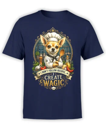 Front view of a navy t-shirt featuring a chihuahua chef graphic with “I don’t follow recipes, I create wagic” text and detailed cooking elements