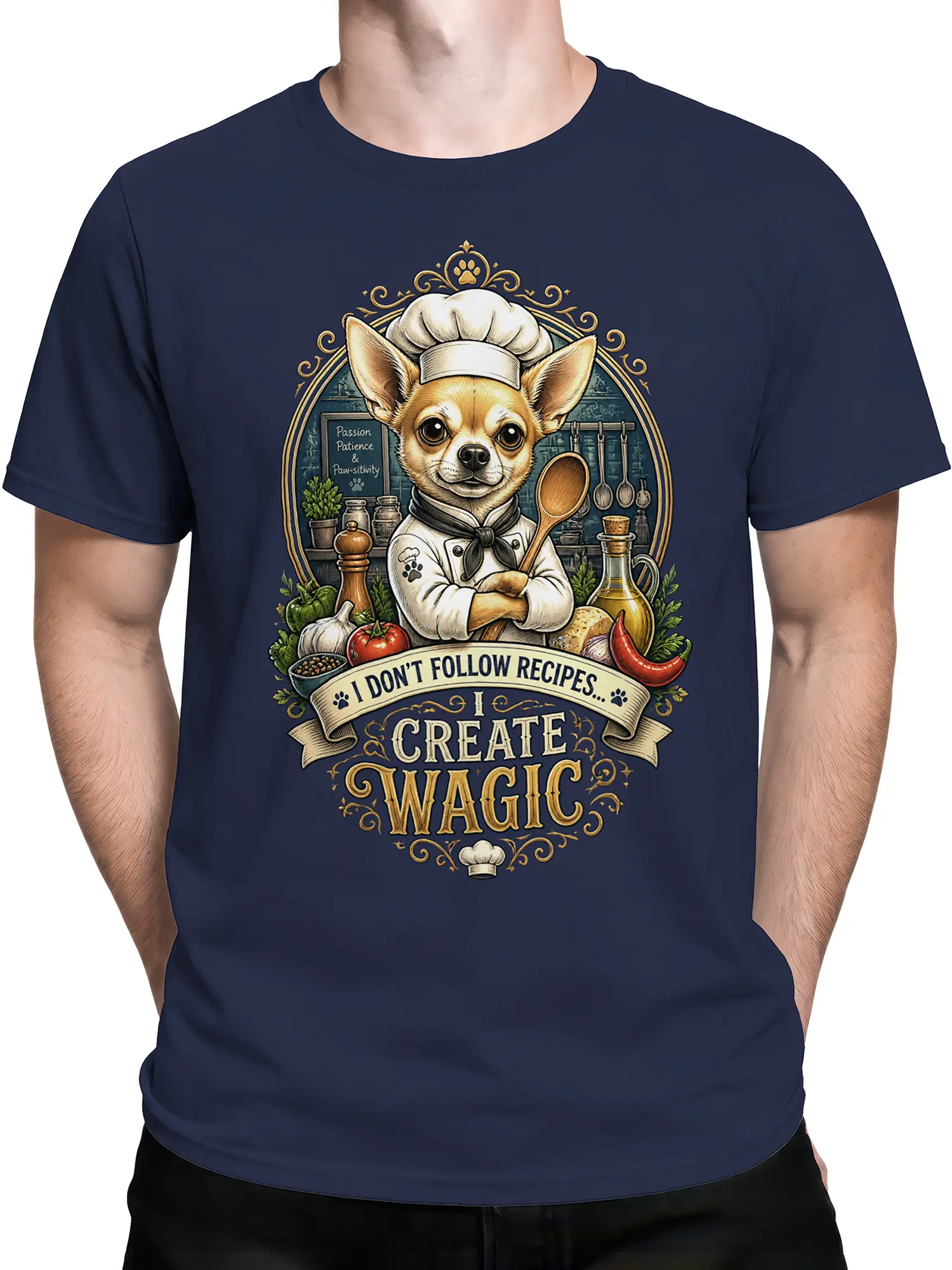 Man wearing navy chihuahua chef wagic t-shirt with bold cooking dog artwork